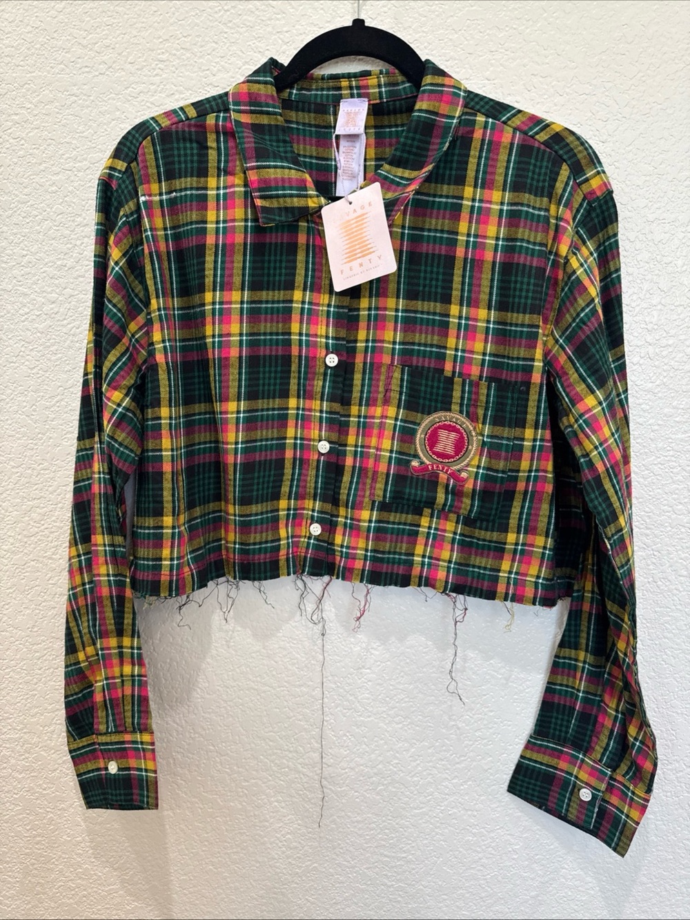NWT Savage X Fenty Plaid Crop Top Shirt Womens Medium Long Sleeve Rihanna